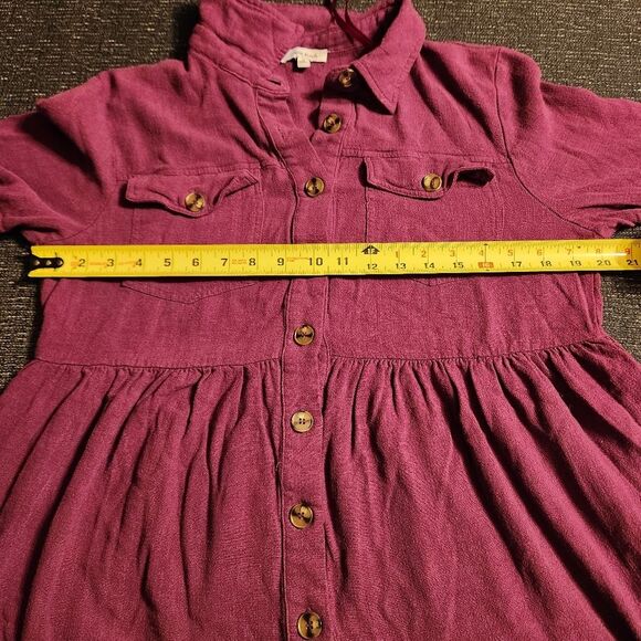 White Birch Linen Blend Tiered Magenta Raw Hem Cuff Short Sleeve Dress - Picture 6 of 8